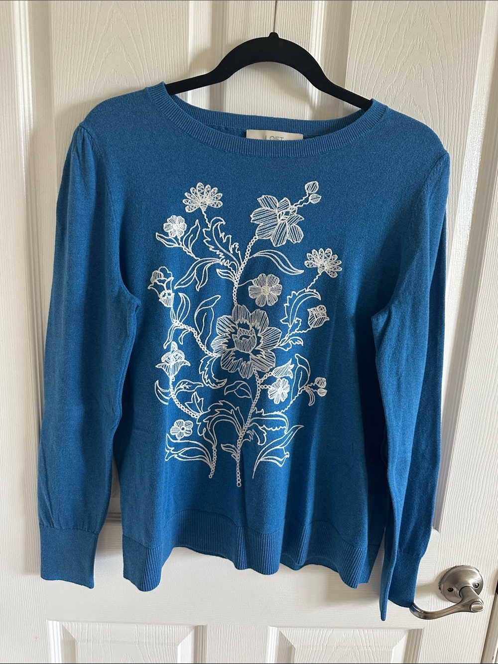 LOFT Blue Floral Embroidered Sweater